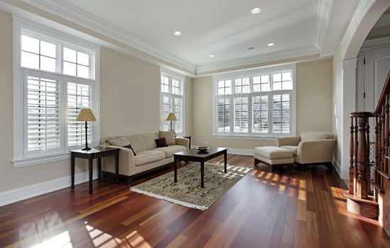 Bright, spacious living room with large windows featuring white trim and shutters, allowing natural light to flood the space. The room uses hardwood flooring.