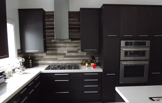 Modern kitchen with dark wood cabinetry, stainless steel appliances, and a sleek range hood.