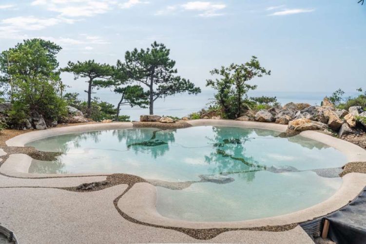 Peaceful outdoor pool with a smooth, flowing design and stone accents, surrounded by trees and rocky terrain, offering a serene view of a body of water in the background and sky.