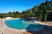 Beautiful outdoor pool with a natural design, surrounded by palm trees and greenery, set against a backdrop of mountains and clear blue skies.