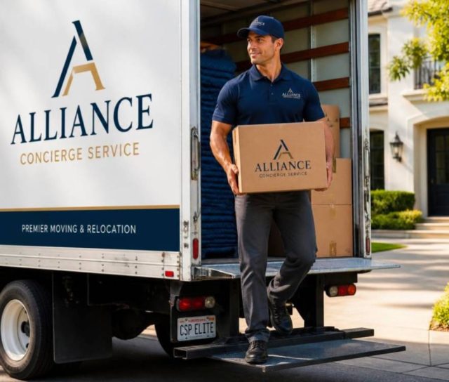 Alliance Concierge Service mover carrying a branded box from a moving truck outside a luxury home.
